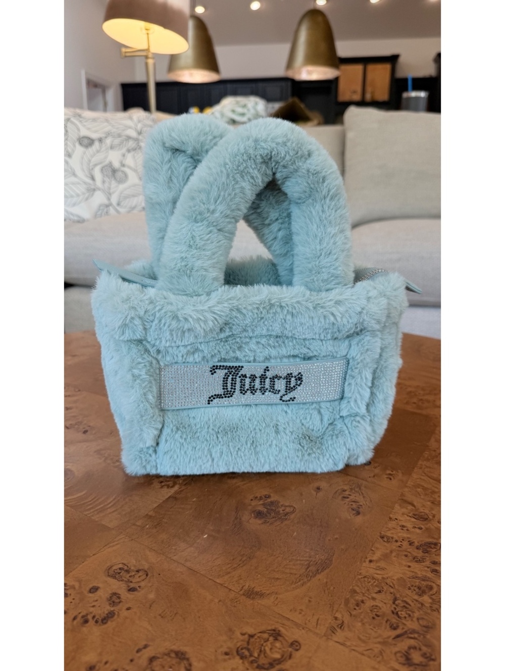Juicy Couture Light Blue Faux Fur Handbag with Rhinestone Logo
